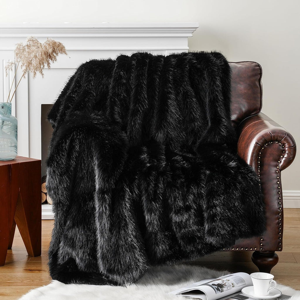 Luxury Fluffy Black Faux Fur Throw Blanket, Black Blanket for Couch, Sofa, Chair, Bed, Plush Fuzzy Cozy Fur Throws