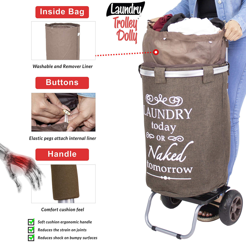 Laundry Trolley Dolly, Brown Laundry Bag Hamper Basket cart with wheels sorter