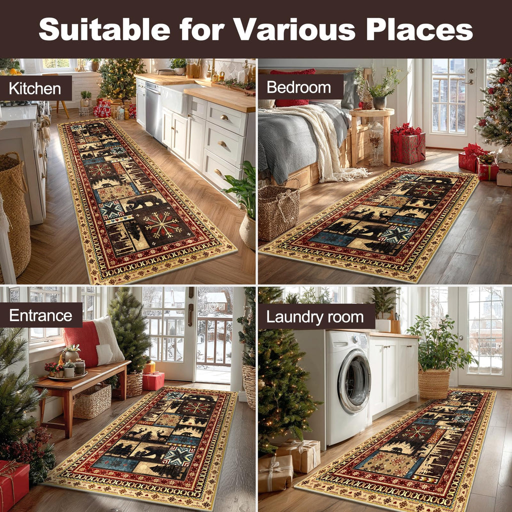 Hallway Runner Rug, Non Slip Washable Western Cabin Bear Rugs