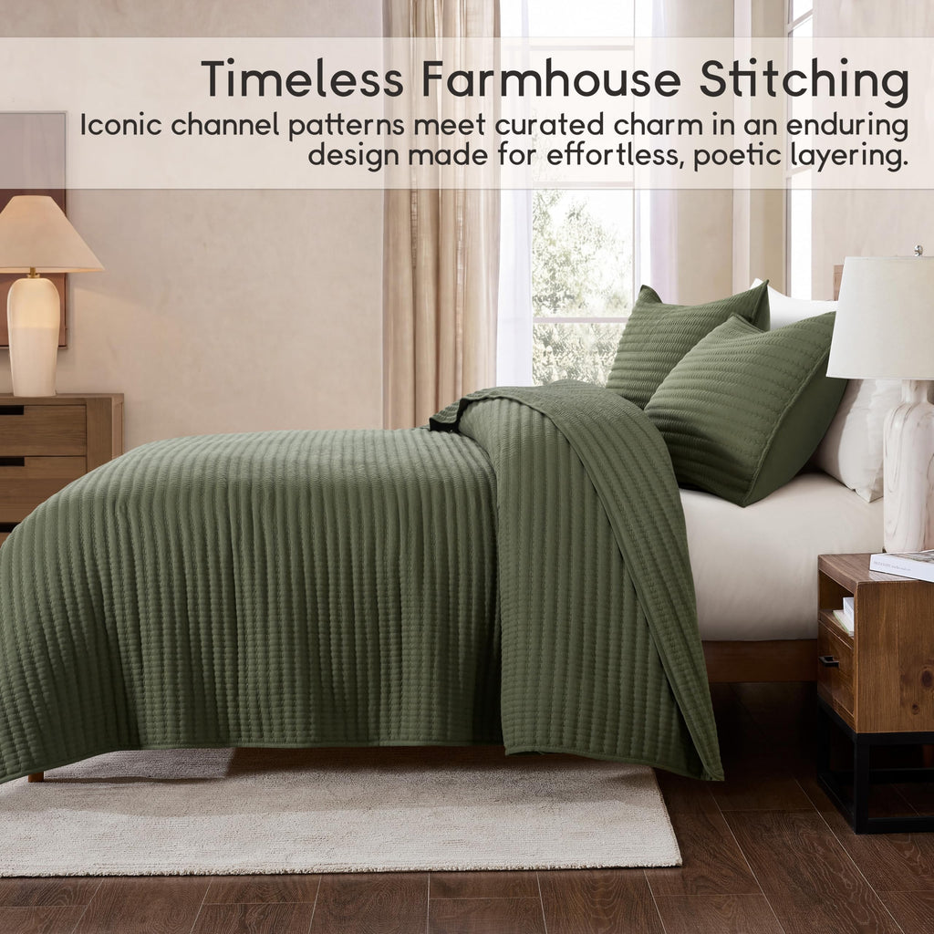Quilt Set Channel Pick Stitch Striped Green Coverlet