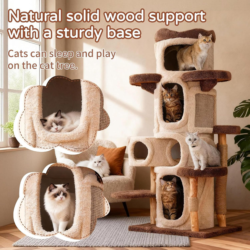 Cat Tree Tower for Large Cats, 69" Tall Heavy Duty Modern Cat Tower with Natural Wood Trunks, Multi-Level Cat Condo &