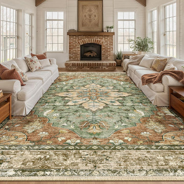 Area Rugs Large 9'x12' Washable Non-Slip, Floral Vintage Distress Medallion Carpet for Living Room B