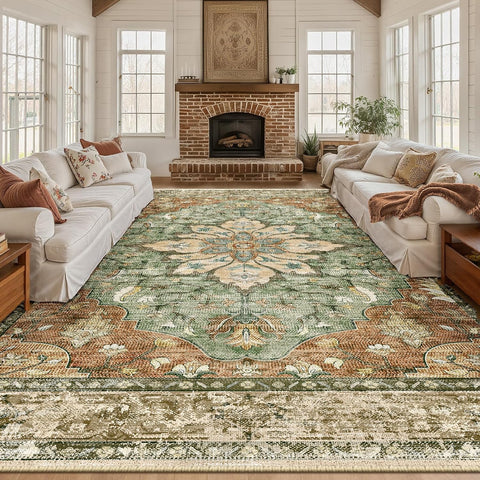 Area Rugs Large 9'x12' Washable Non-Slip, Floral Vintage Distress Medallion Carpet for Living Room B