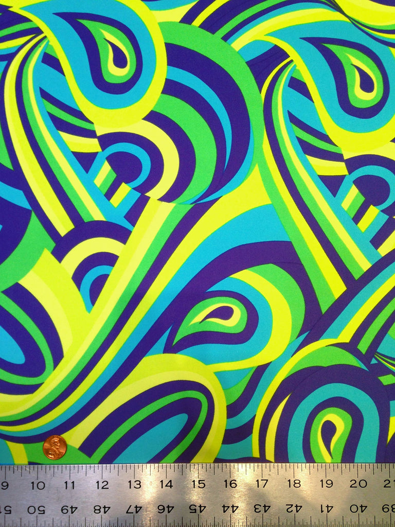 Colorful Psychedelic Retro Pattern on Heavy Stretch Nylon Spandex Fabric by The Yard (Teal/Green)