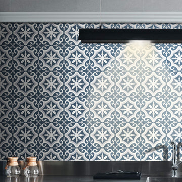 Argana Handmade Cement Tile, 8" x 8", Grey White Blue