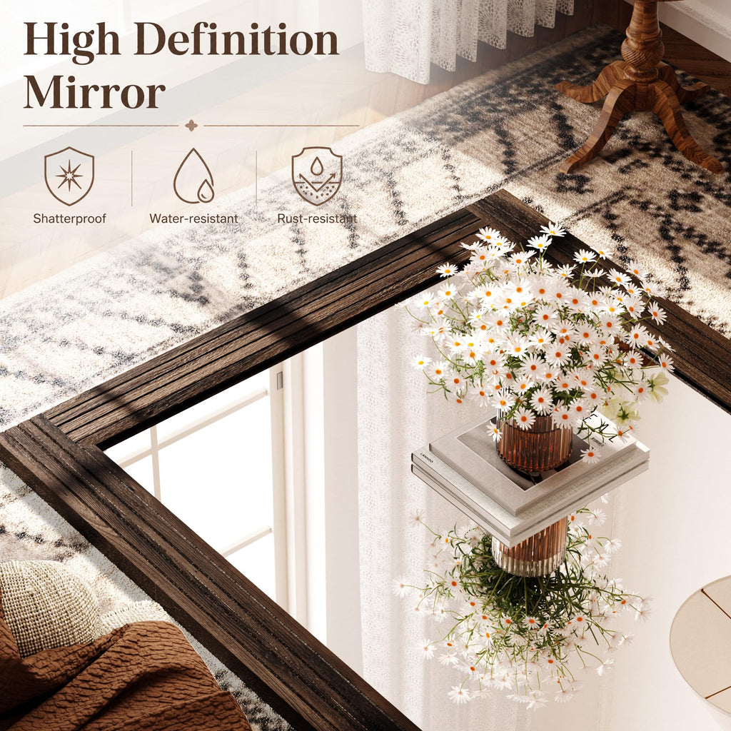 40"x30" Wood Framed Rectangle Farmhouse Rustic Wall Mirror, Brown