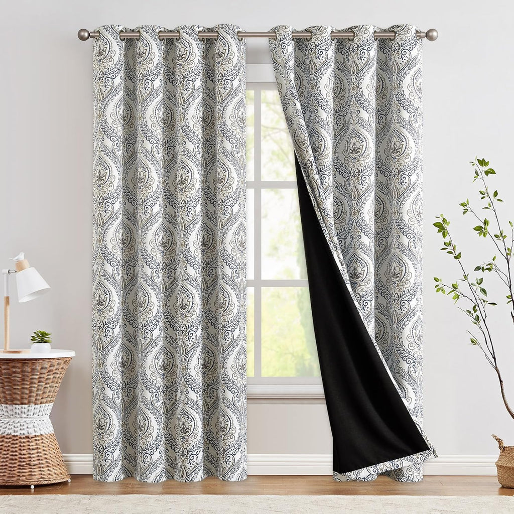 Blackout Curtains 84 Inches Long Blue Damask Medallion Curtain for Bedroom Black Out Drapes Printed Vintage Luxury