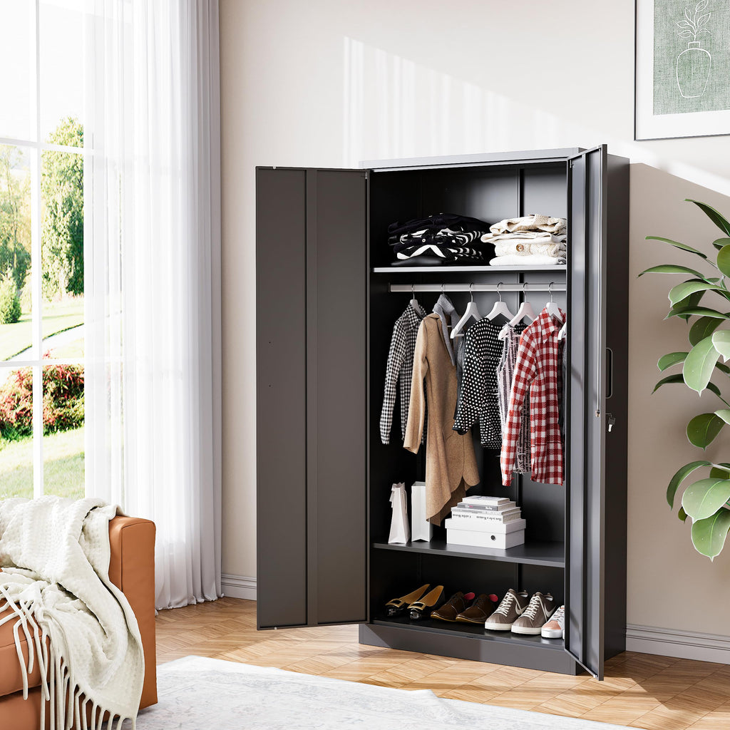 Metal Armoire Wardrobe Closet with 2 Doors 72'' Wardrobe Cabinet with Hanging Rail Metal Closet with Adjustable