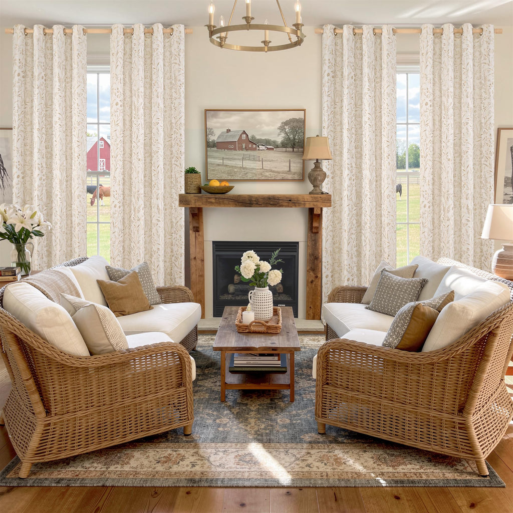 Beige Floral Linen Curtains 84 Inch Length