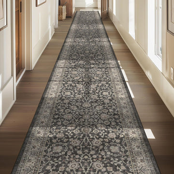 Custom Size Hallway & Stair Runner- Asha Rome Black 26 Inches Wide Super Thin Long Runner (26" x 3' Runner) Rug