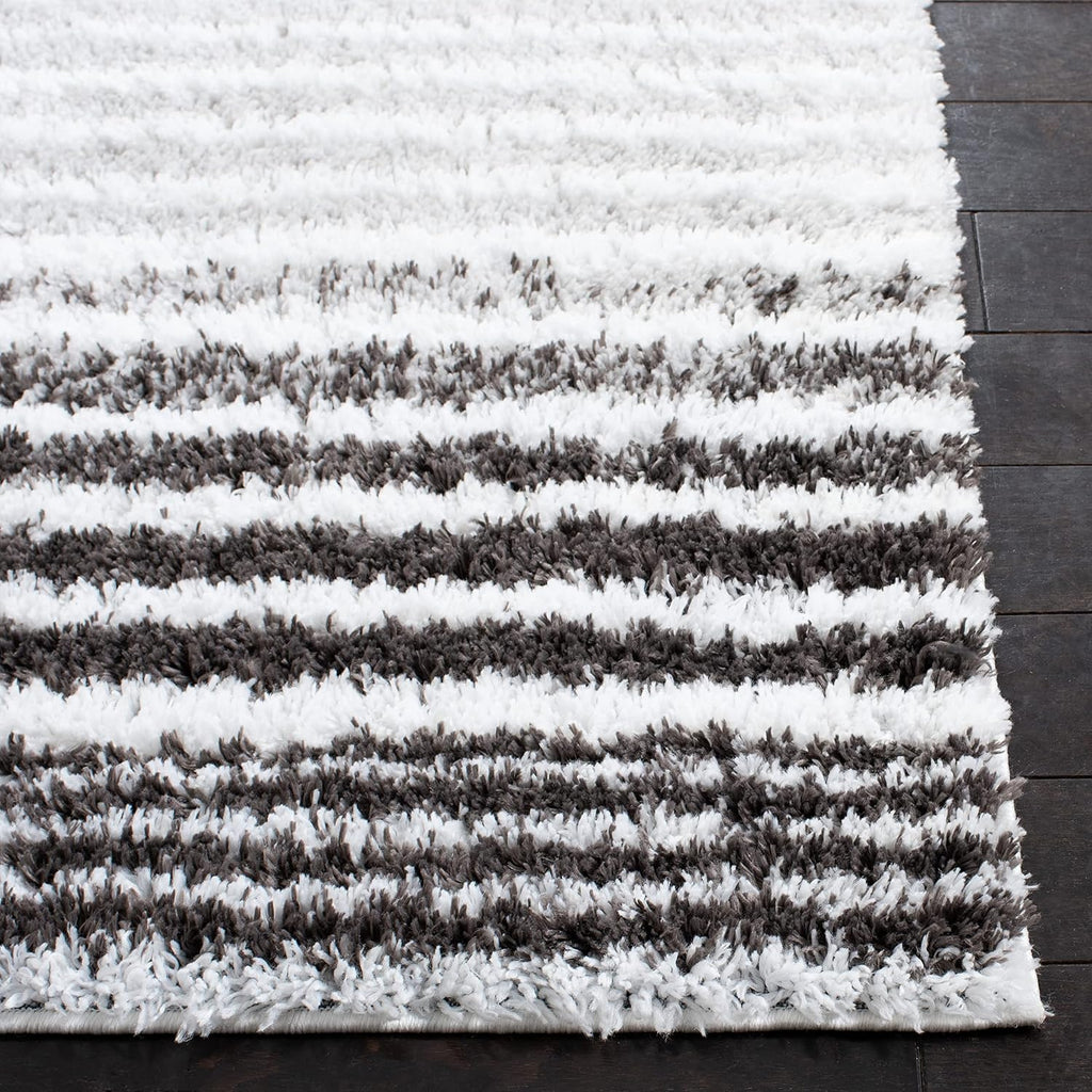 Berber Shag Collection Area Rug - 7' Square, Ivory & Grey, Stripe Design, Non-Shedding & Easy Care, 1.25-inch Thick