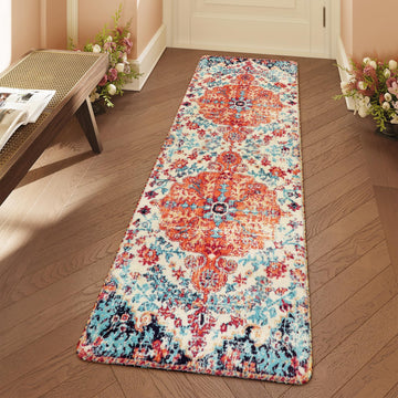 Reine Floral Washable Kitchen Runner Rug, Hallway Entryway Runner Rug, Oriental Medallion Non-Slip Mat, Bohemian
