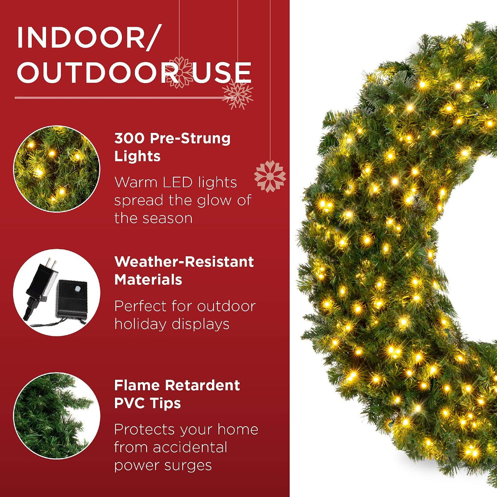 60in Large Artificial Pre-Lit Fir Christmas Wreath Holiday Accent Decoration w/ 300 LED Lights, 930 PVC Tips