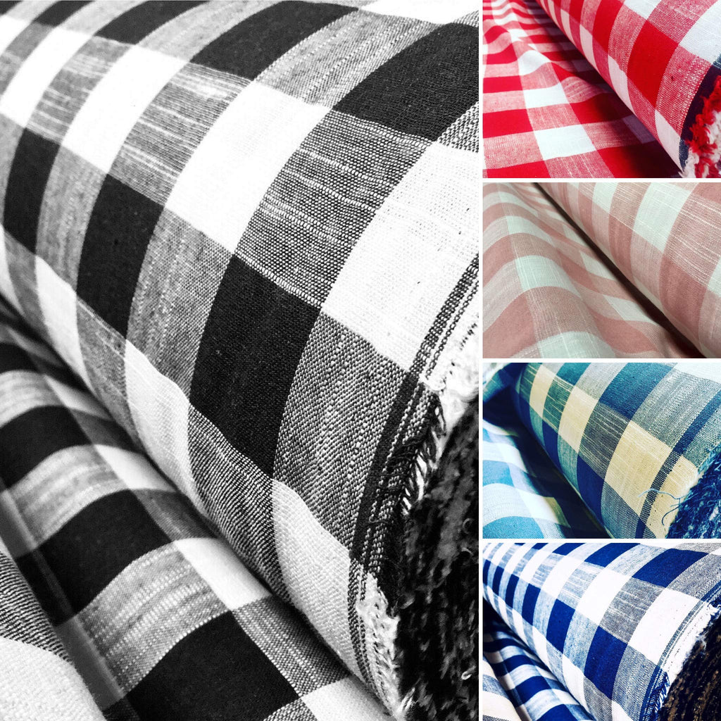 Gingham Linen Checked Linen Fabric Plaid Material Buffalo Black or Blue Check - 55 inches Wide (Sold by the Yard)