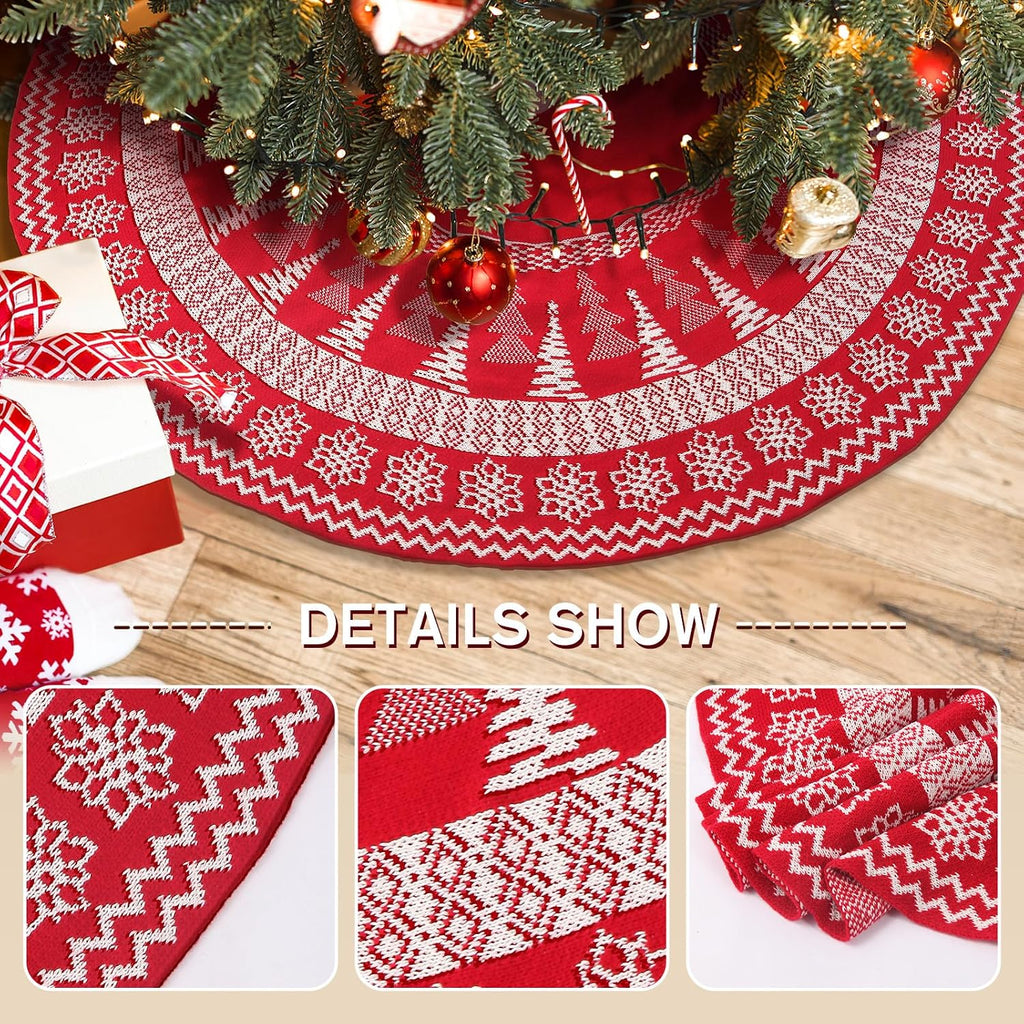 Knitted Christmas Tree Skirt,48 Inch Snowflakes Knit Christmas Tree Skirt Red Burgundy Tree Skirt Cable Knit Xmas
