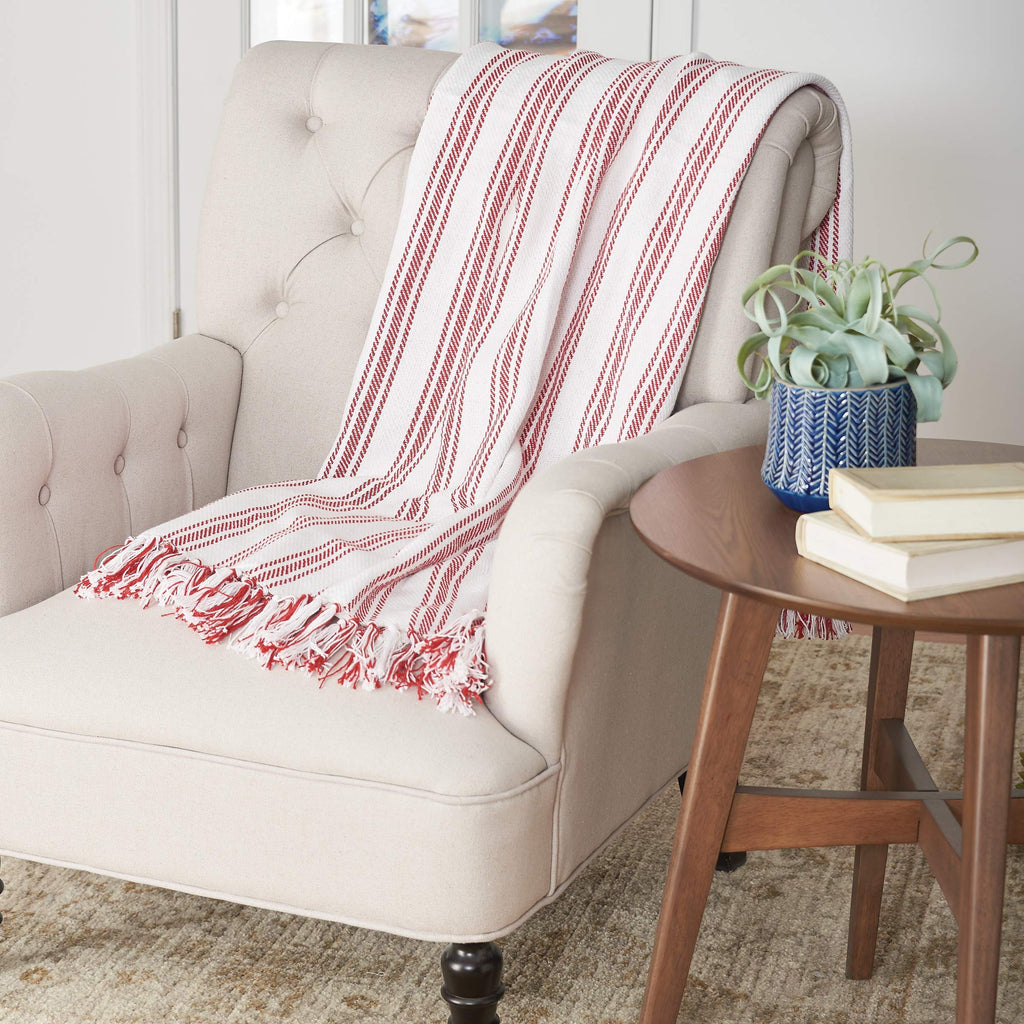 Ticking Stripe Red & White Cotton Throw Blanket 50" x 60"