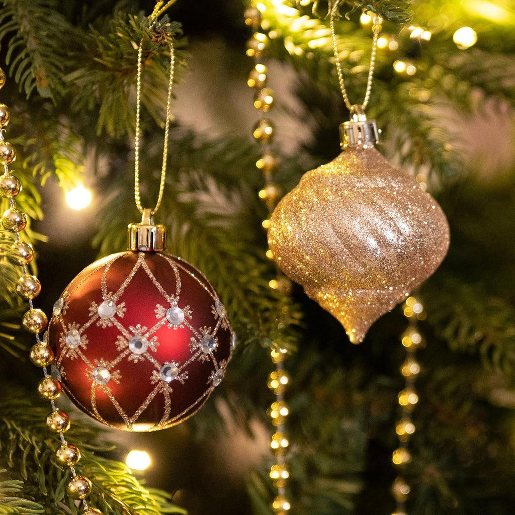 Christmas Tree Ornaments Set, 16ct Burgundy and Gold Shatterproof Christmas Tree Decorations&Lighted Christmas Angel