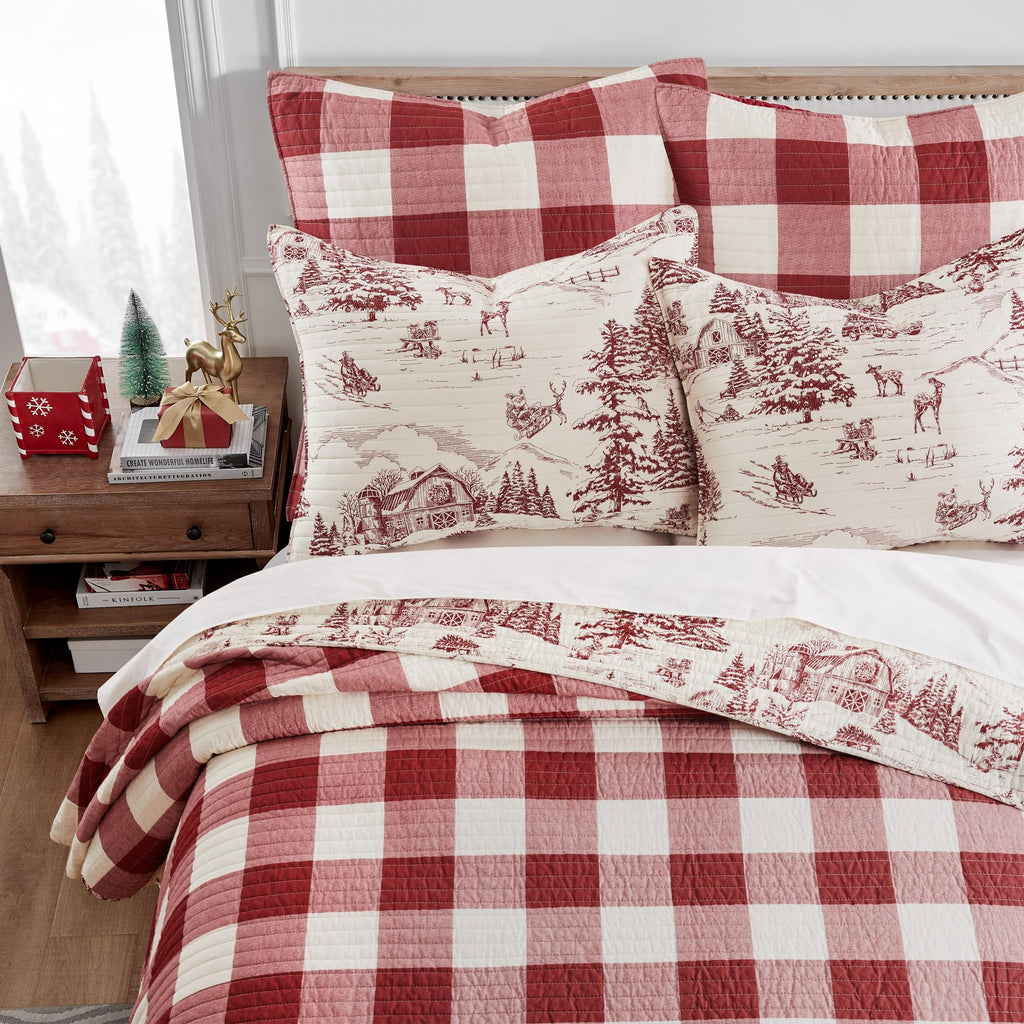 Winter Sleigh Ride - Euro Sham Set of 2 - Buffalo Plaid - Red and Cream - (26x26in.), No Insert - Cotton