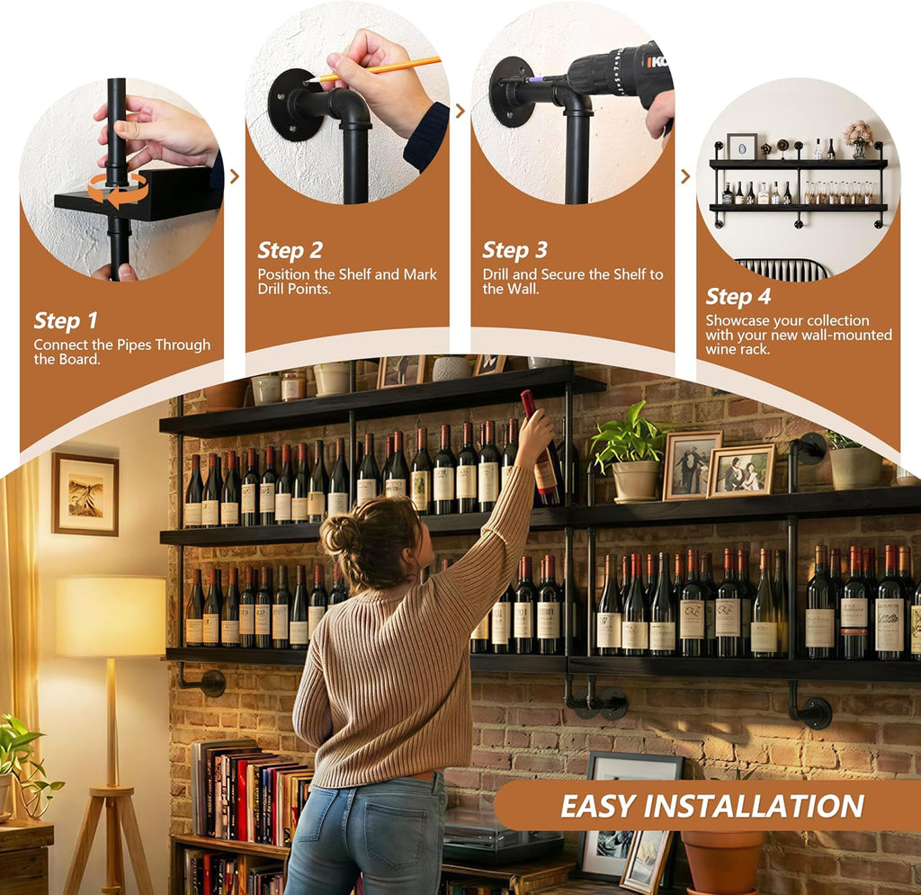 Bar Shelves, Wall Mounted Wine Rack, Black, 60 Inch | 2 Tier, Industrial style, Solid pine shelves, black pipe