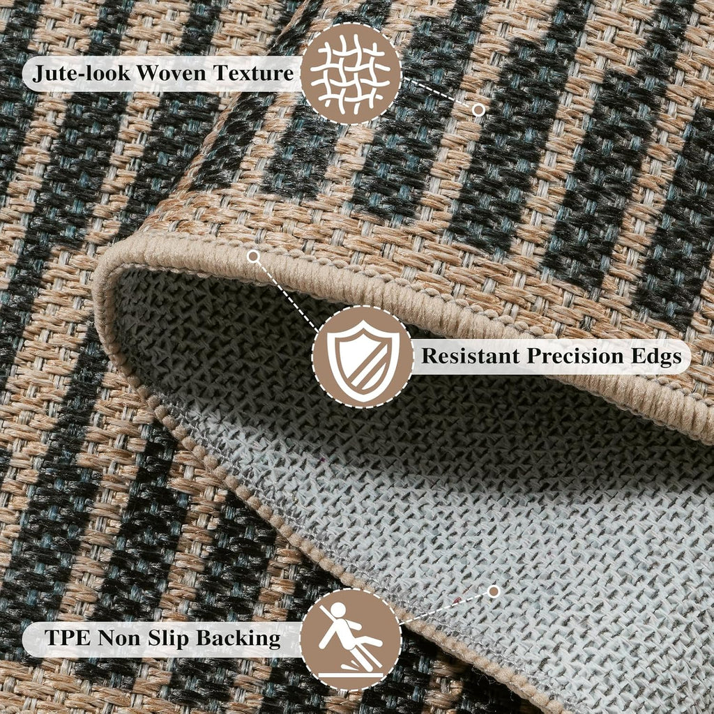 Easy Jute Indoor Outdoor, Washable Striped Area Rug Non Slip