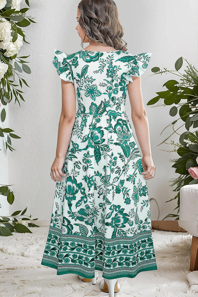 Girl's Summer Boho Floral Flutter Sleeve Casual Maxi Dress