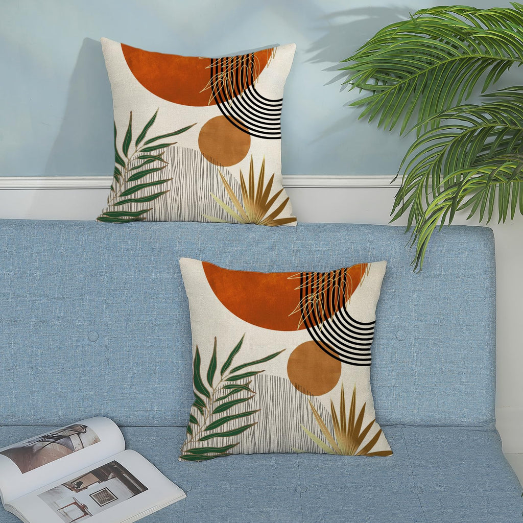 Pillow Covers 18x18 Set of 2 Green Gold Orange Throw Pillows Tropical Leaves Sunset Decor Modern Mid Century