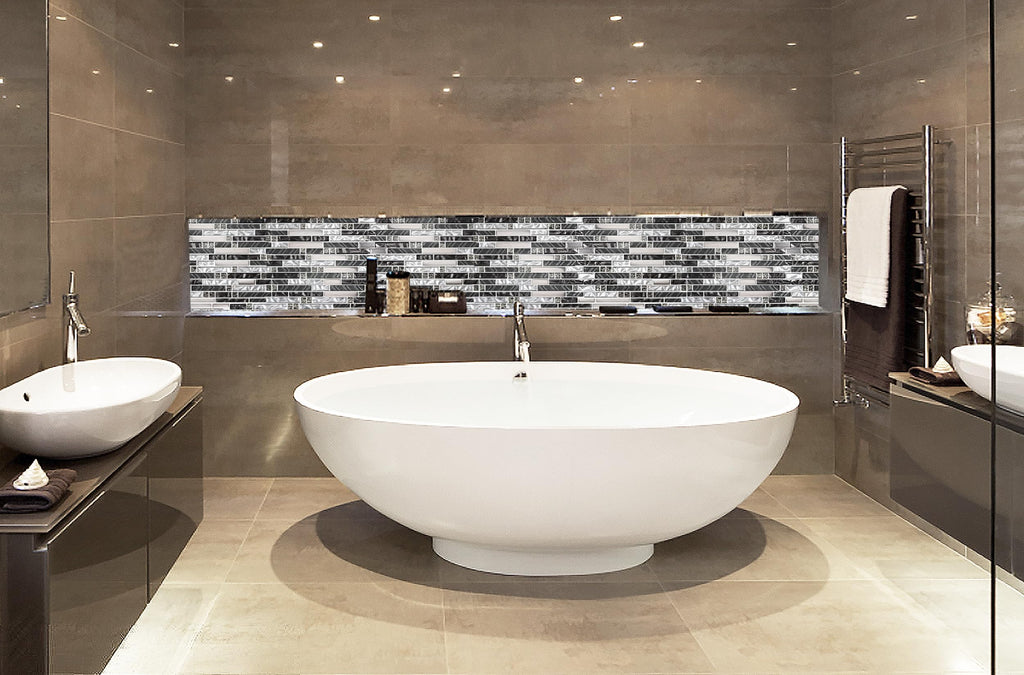 Black & White Glass Linear Tile Backsplash Bahtroom Wall Mosaic Sheets [Set of 5]