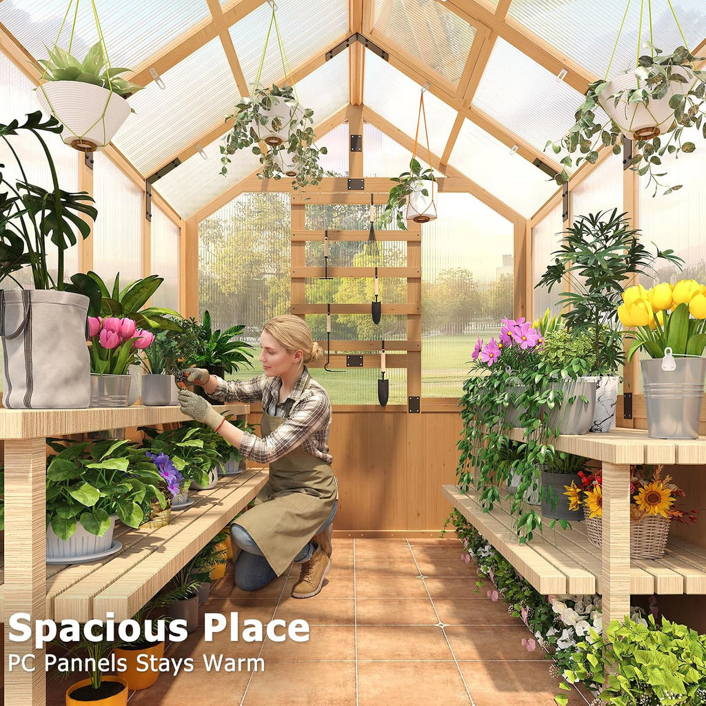 6x8 FT Wooden Greenhouse for Outdoors, Walk-in Greenhouse Kit with 4mm Polycarbonate Panels, Adjustable Roof Vent and