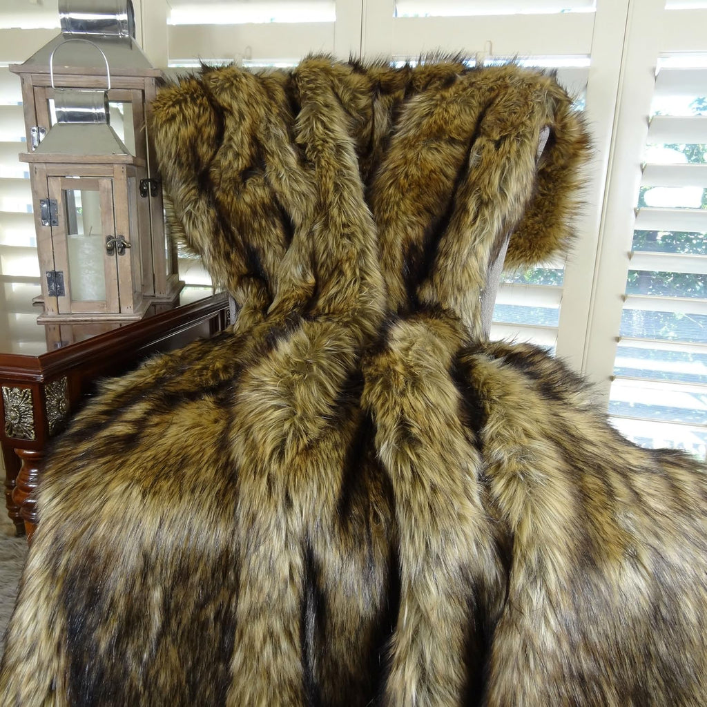 Brown Fur Throw Blanket and Bedspread - Brown Wolf Faux Fur - Light & Dark Brown Faux Fur - Luxury Throw Blanket &