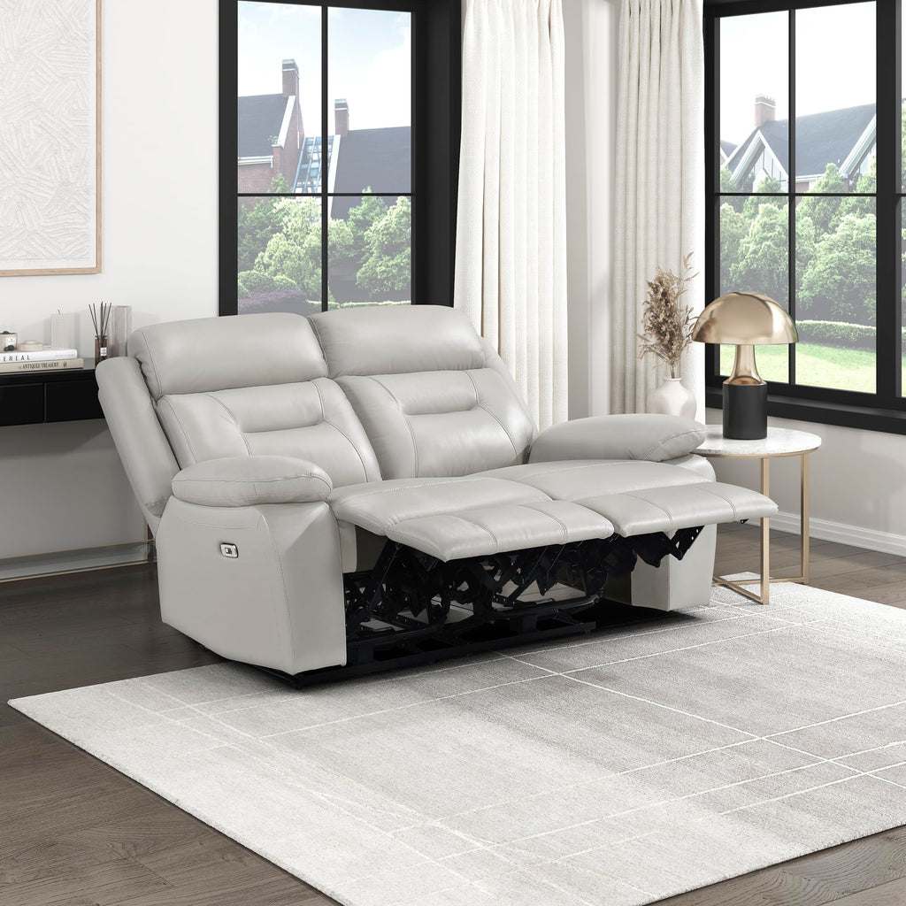 Top Grain Leather Match Power Double Recliner Loveseat, Silver
