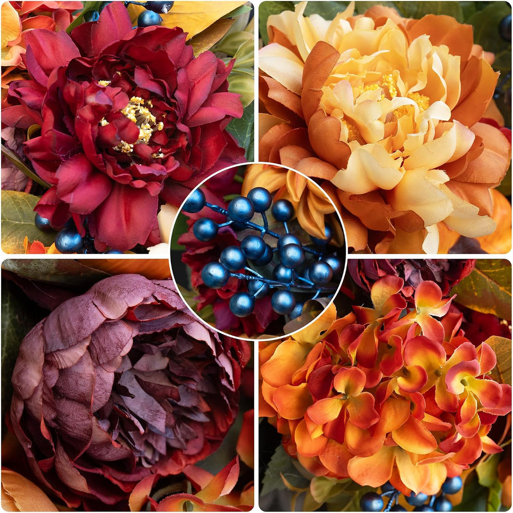 24 Inch Artificial Fall Wreaths for Front Door with Hydrangea Peony Pumpkin