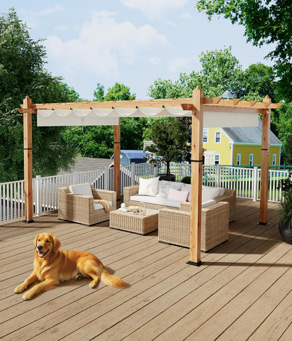 10 x 13 ft Wood-Grain Aluminum Pergola Outdoor Pergola with Retractable Canopy Sun Shade Shelter for Garden Patio Backyard Deck - Beige