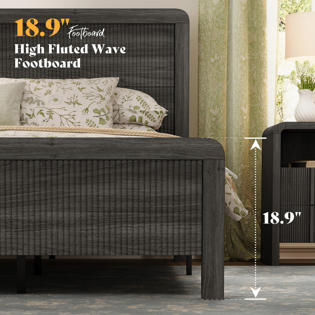 Wood King Size Bed Frame with Fluted Headboard & Footboard, Black