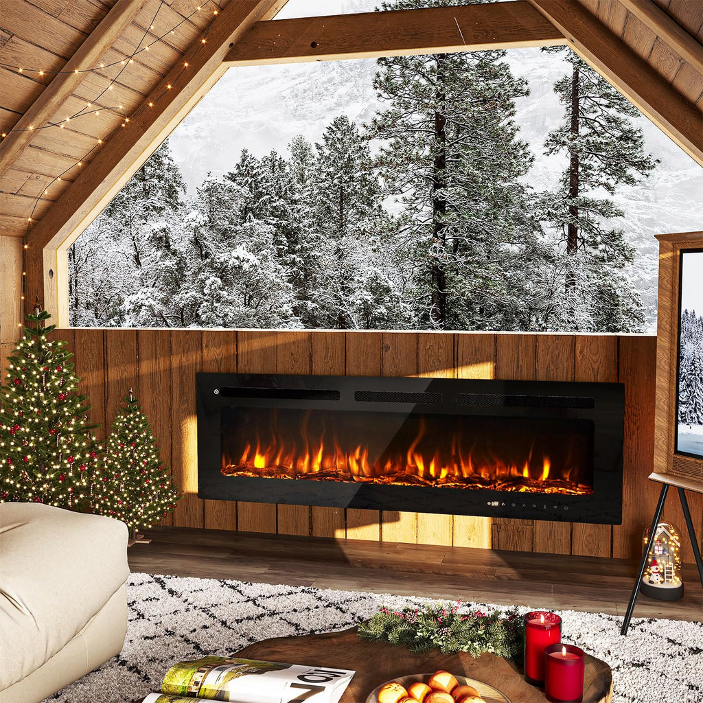 60" Smart Electric Fireplace Heater, Wide Recessed/Wall Mounted Electric Fireplace, Remote Control with Timer, 12