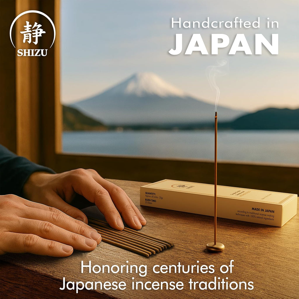 Sandalwood Incense Sticks - Artisanal Temple Grade Japanese Incense with Brass Holder - Subtle, Calming Scent - Set of 60