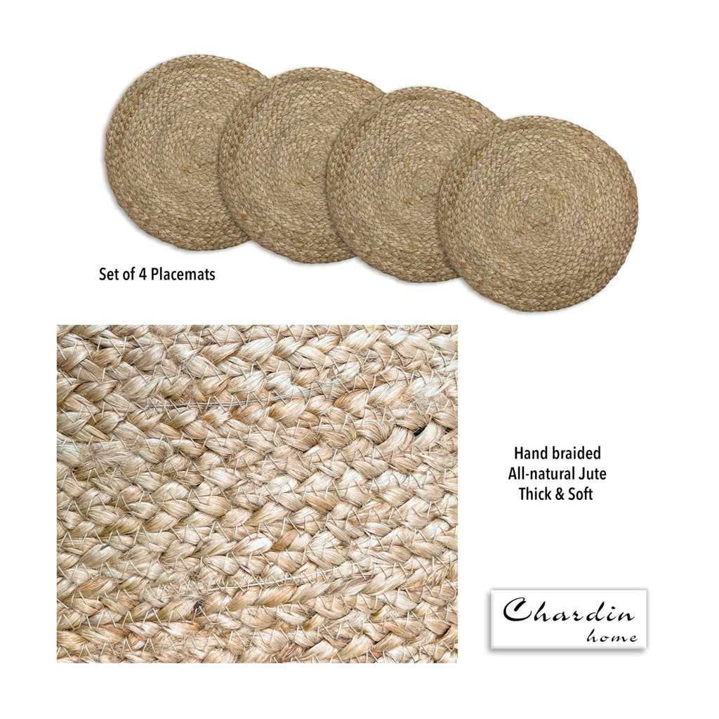 Round Woven Jute Braided Placemats, Set of 4, 14 Inch