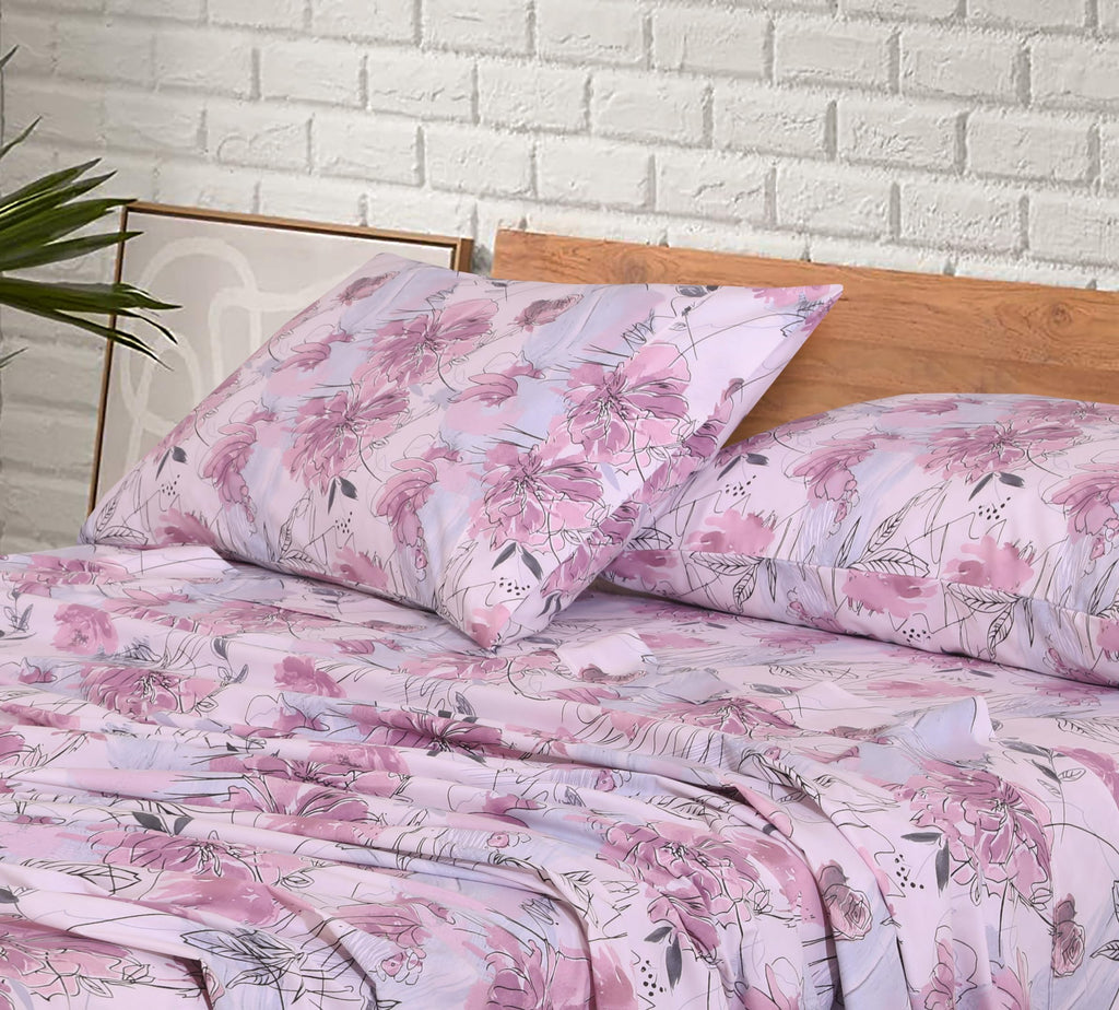 100% Cotton Split King Sheets, Percale Sheet Set, Lilac Floral