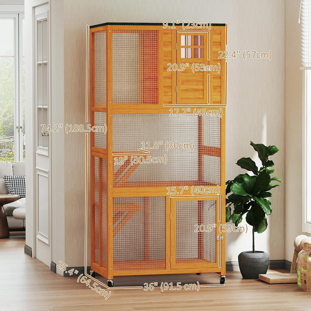 74" Wooden Catio Outdoor Cat Enclosure Weatherproof & Wheeled, Outside Cat House with High Weight Capacity, Kitten