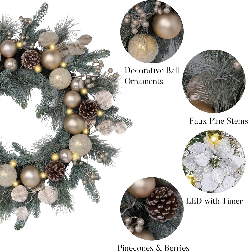 24" Pre-Lit Christmas Wreath for Front Door with Lights