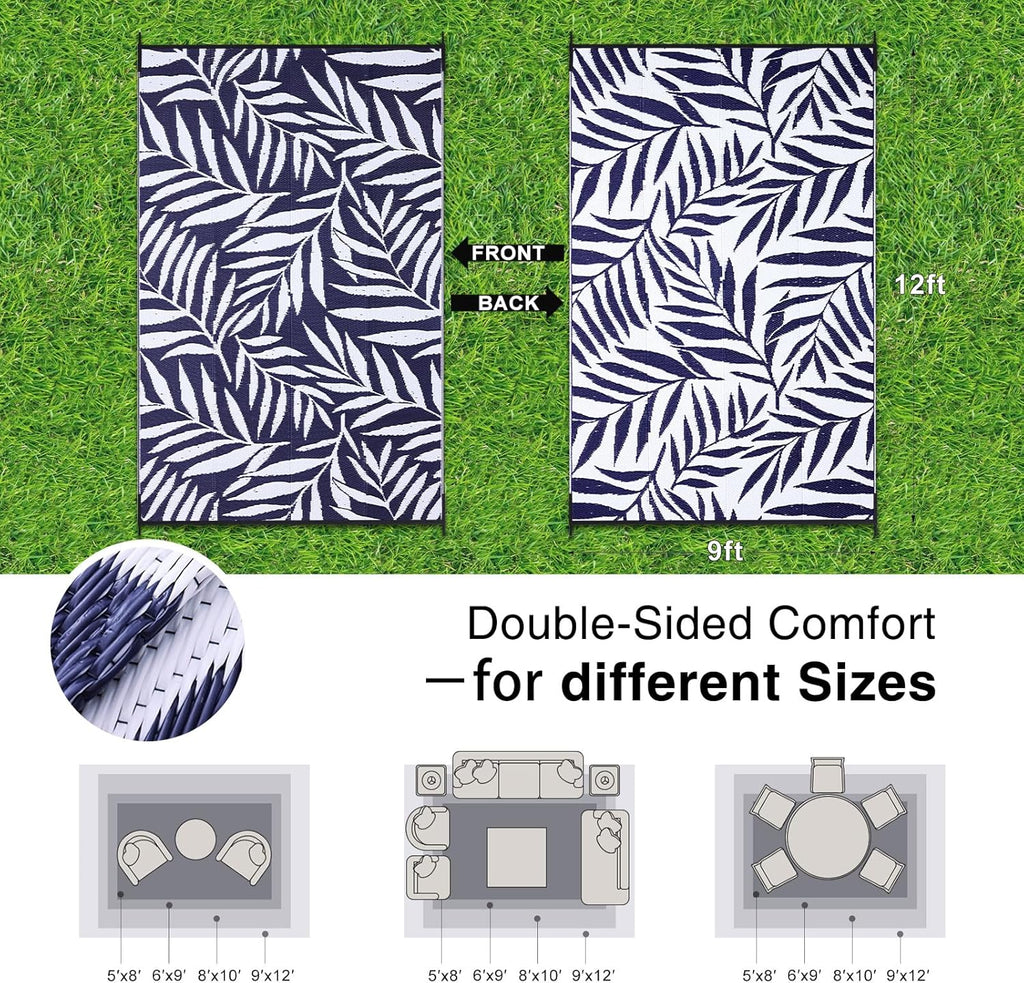 Waterproof Outdoor Rug 9x12 ft, Reversible Outdoor Plastic Straw Rug with Leaf Pattern, RV Mat, Indo