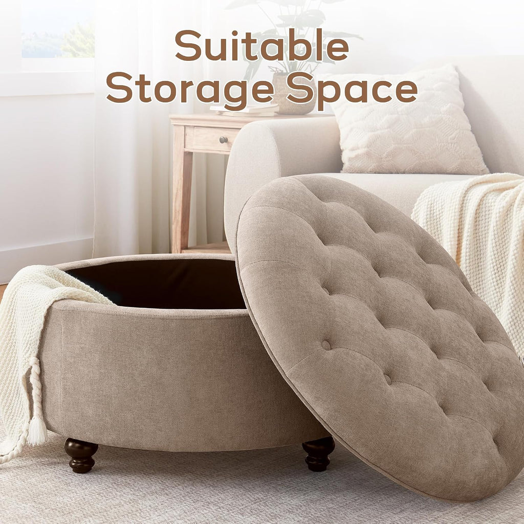30-Inch Round Storage Ottoman, Button Tufted Coffee Table(Brown) | Ottoman Coffee Table with Removable Top