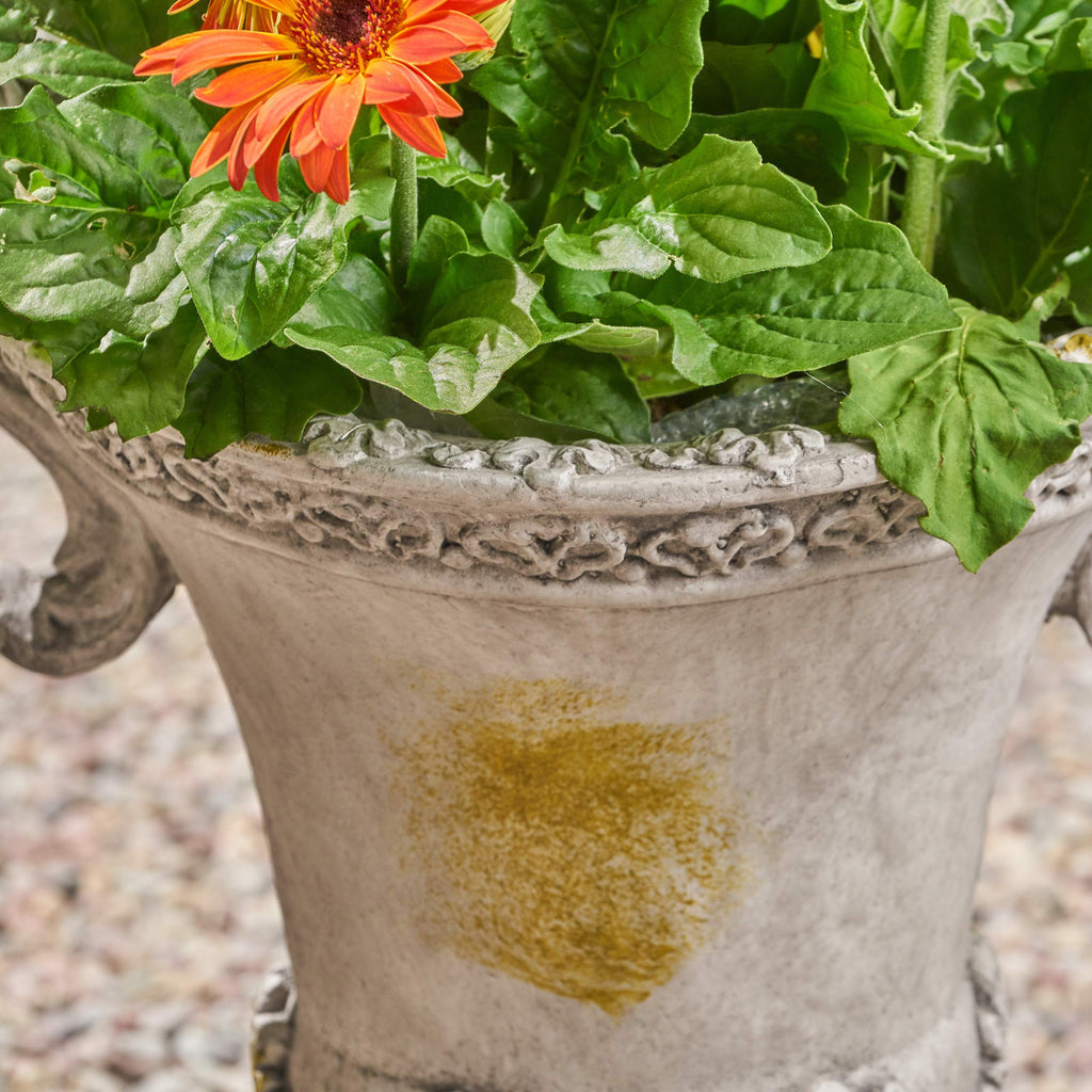 Chalice Garden Urn Planter, Roman, Botanical, Lightweight Concrete with Gray Moss Finish