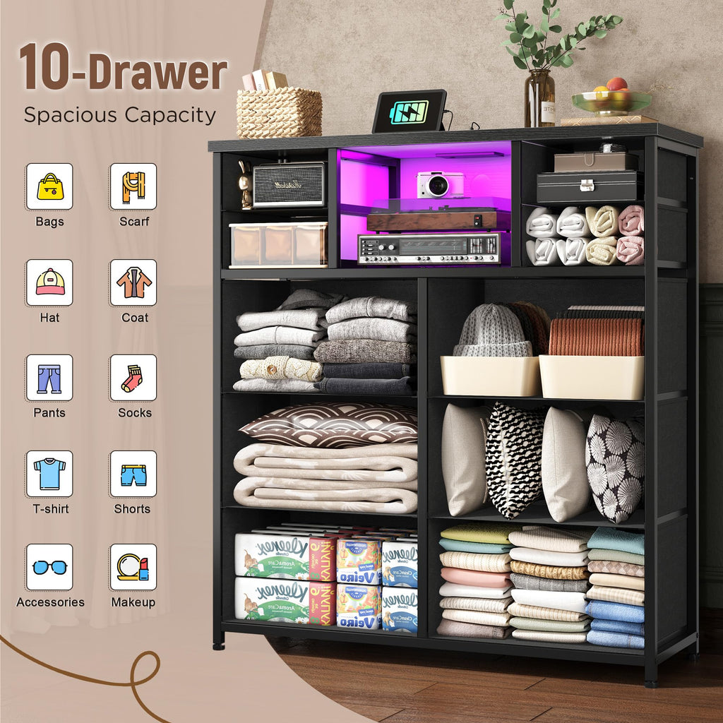 10-Drawer Tall Dresser, LED & Charging Station, Black