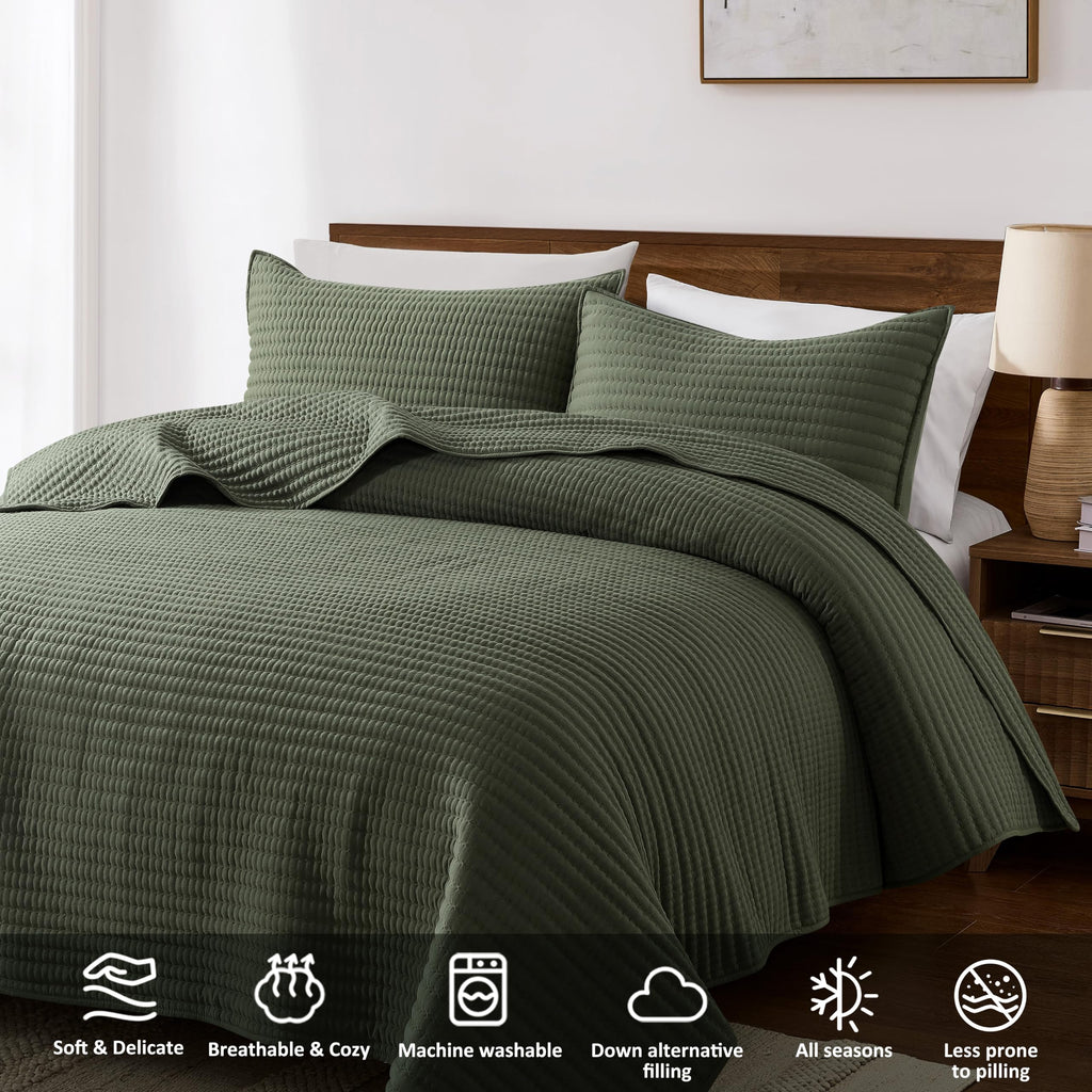 Quilt Set Channel Pick Stitch Striped Green Coverlet