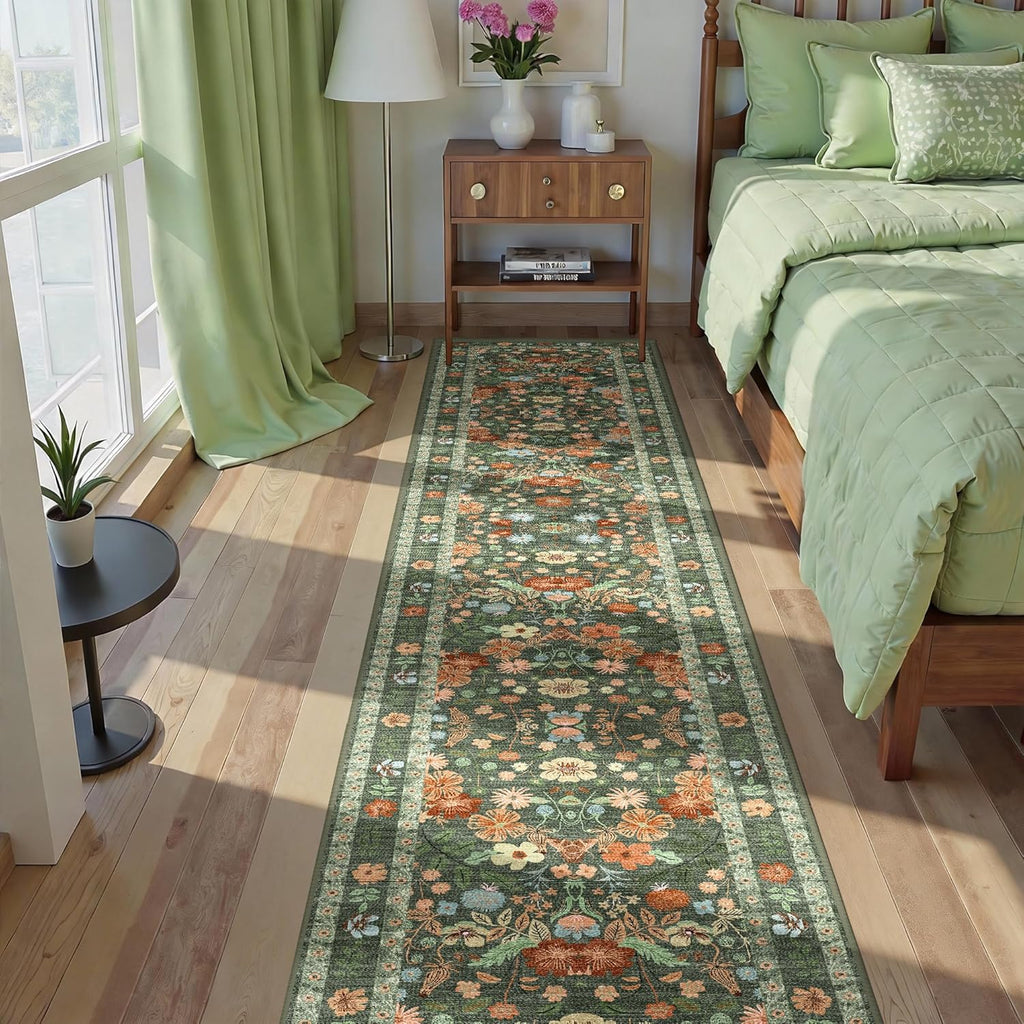 2x10 Extra Long Hallway Runner - Green Boho Washable Rug with Non-Slip Backing, Vintage Floral Low P