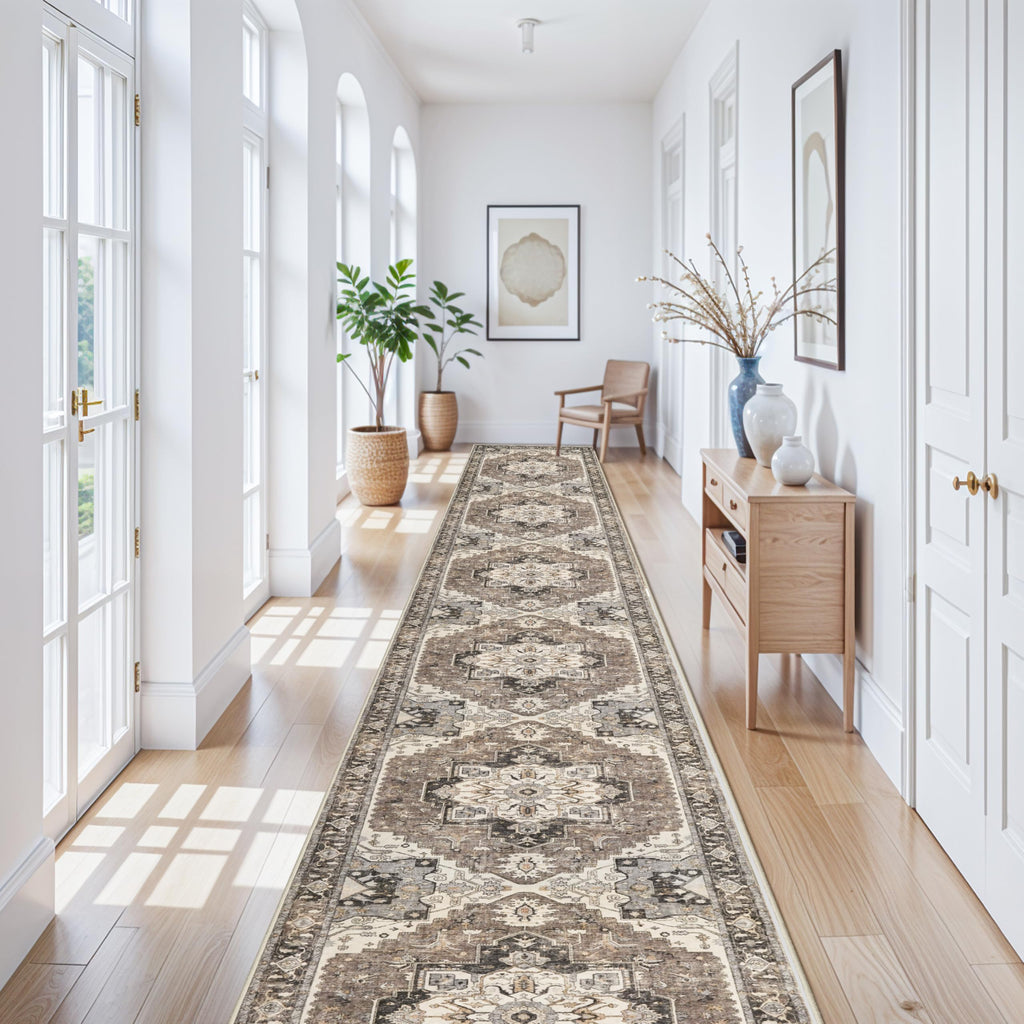 Washable Long Hallway Runner - Non-Slip Stain Resistant Kitchen Rug Distressed Mats Low Plie Soft Ultra Thin