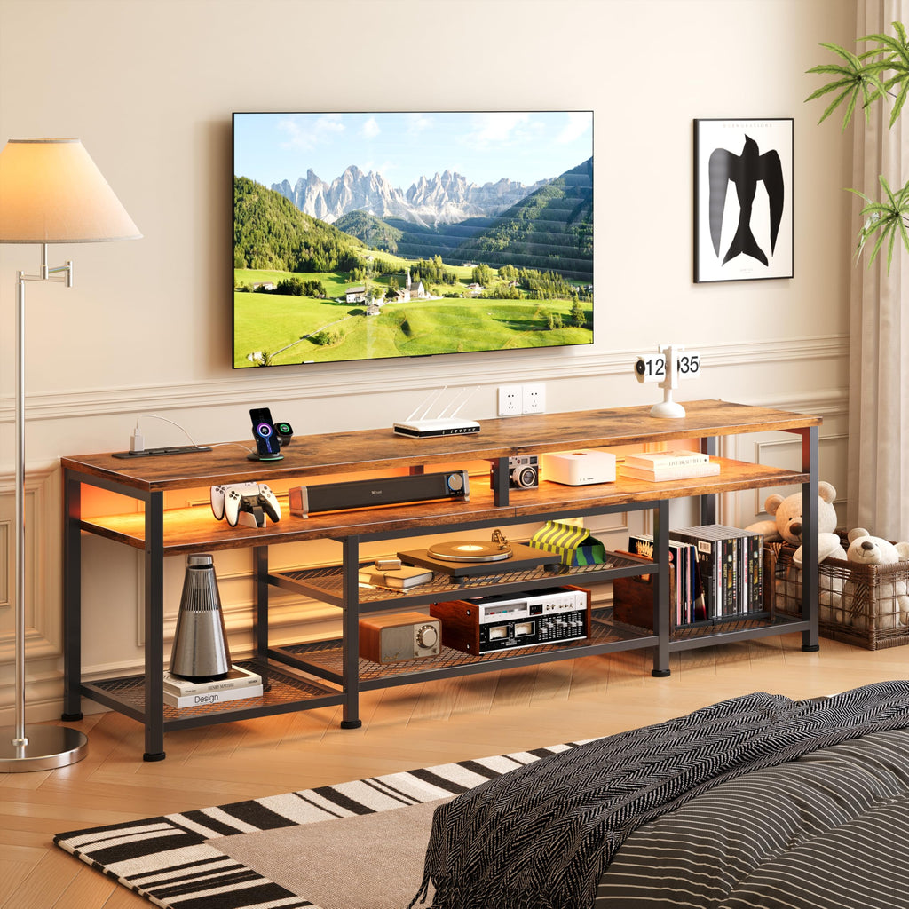 71 Inch TV Stand with Power Outlets & LED Lights, Rustic Brown