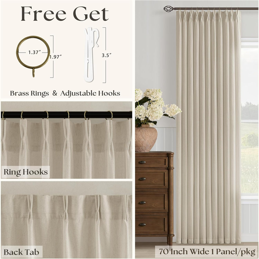 105 Inch Linen Curtains Pinch Pleated 2 Panels for Living Room Dining Light Filtering Semi Sheer Memory Trained Pinch