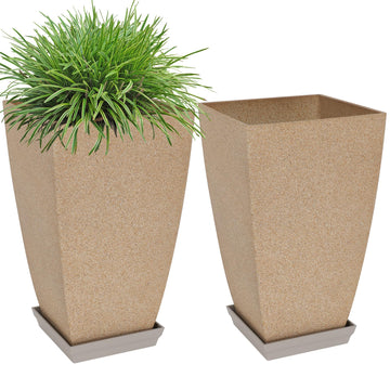 Set of 2 Tall Planter, 21 inch Large Plastic Planter, Marble