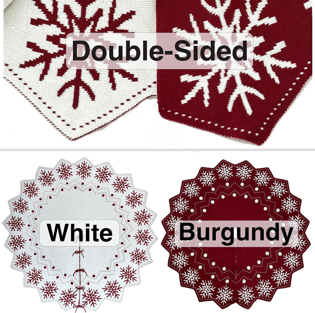 72-Inch Reversible Knit Tree Skirt with Christmas Star-Inspired Pointed Edge Border and Lace-Up Closures, Machine